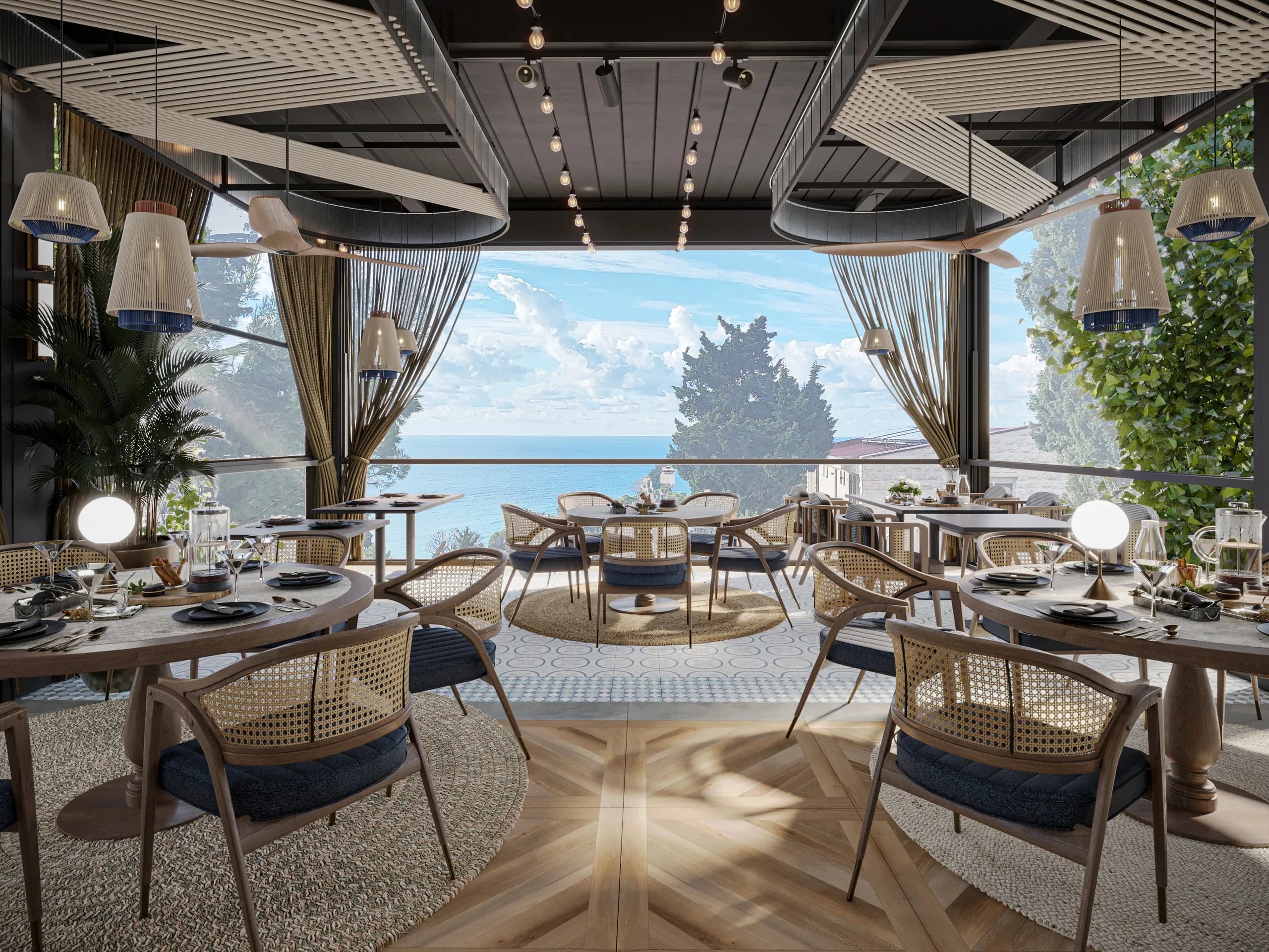KALO on the Adriatic coast at dusk — architectural rendering
